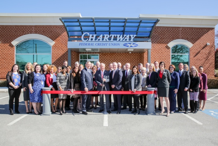 Representatives of Chartway FCU and Virginia Beach government business and organizations cut the ribbon for the 100 Lynnhaven Parkway branch