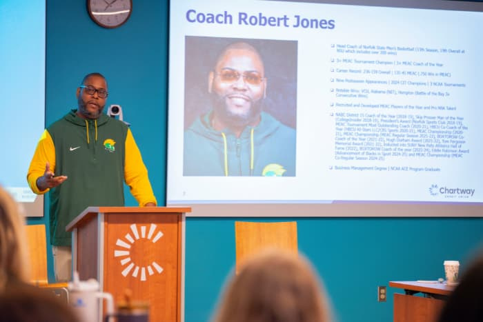 NSU Coach Jones speaking at Chartway Credit Union headquarters