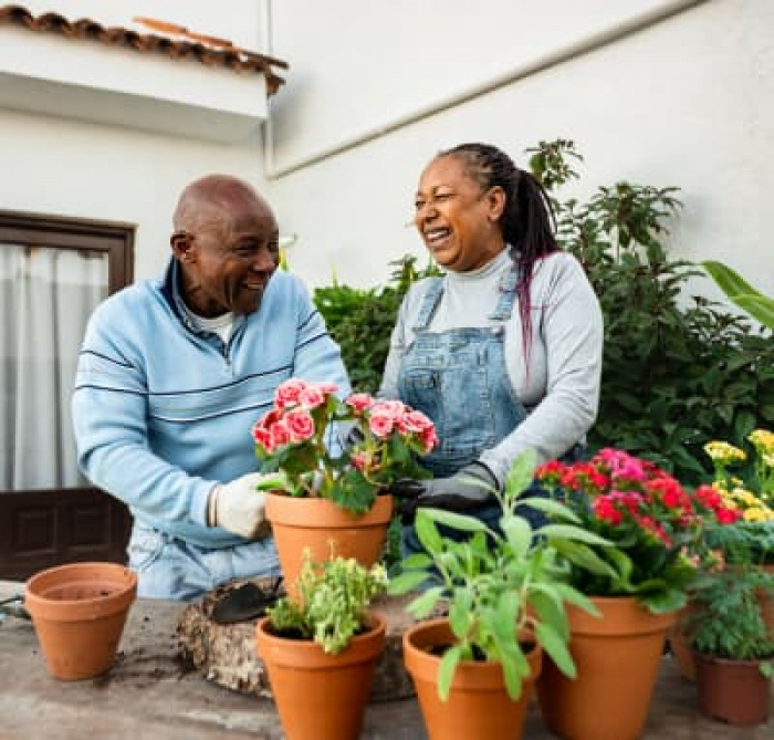 Happy African senior people gardening together at home