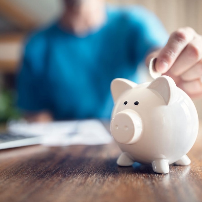 person putting coin in piggy bank