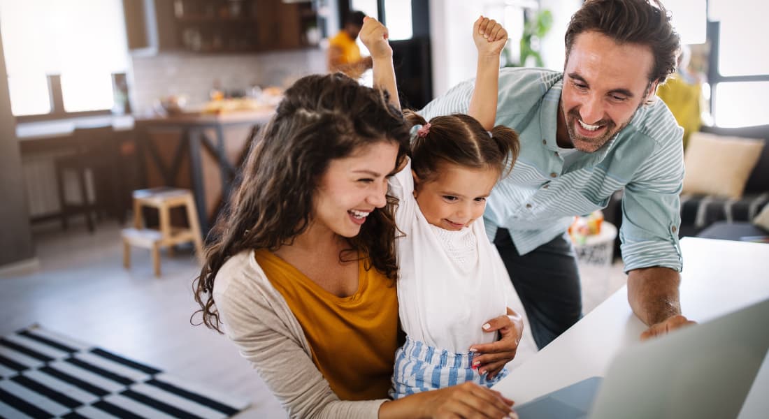 Family, children, happiness technology and home concept. Happy family together